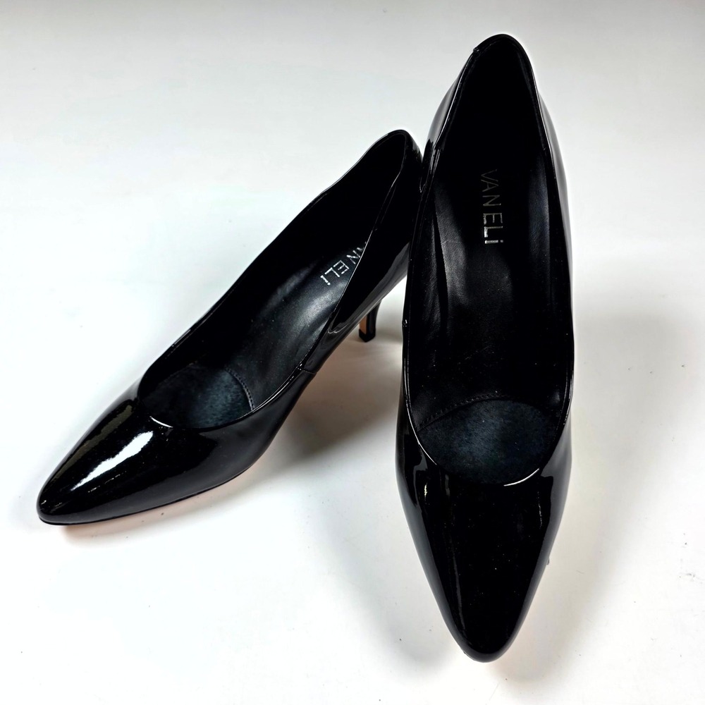 Vaneli Pumps Womens 7.5 Black Patent Leather Pointed Toe Kitten Heel Dress Shoes